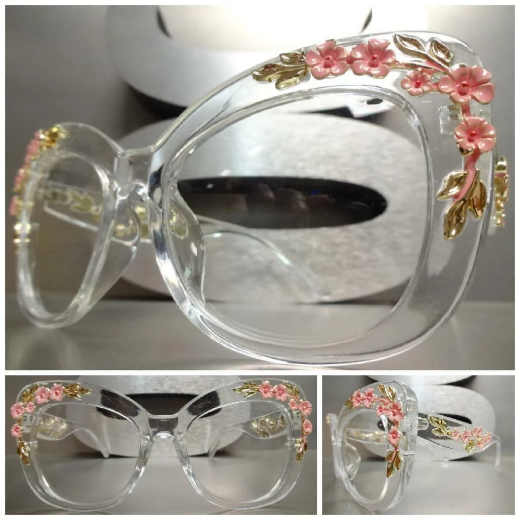 OVERSIZED RETRO CAT EYE Clear Lens EYE GLASSES Transparent Frame Floral Design