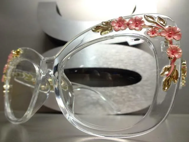 OVERSIZED RETRO CAT EYE Clear Lens EYE GLASSES Transparent Frame Floral Design 3