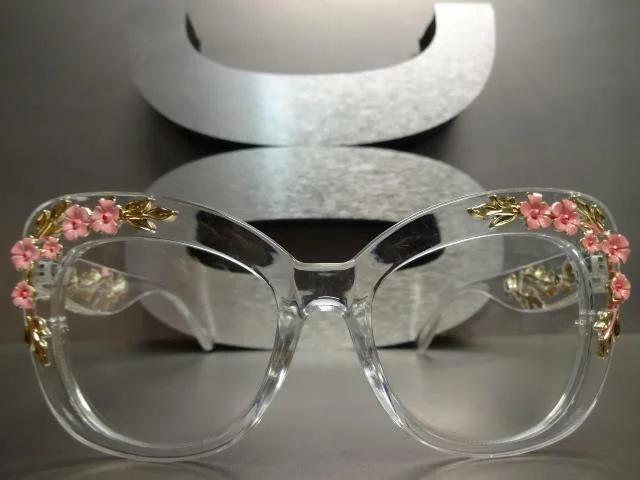 OVERSIZED RETRO CAT EYE Clear Lens EYE GLASSES Transparent Frame Floral Design 4